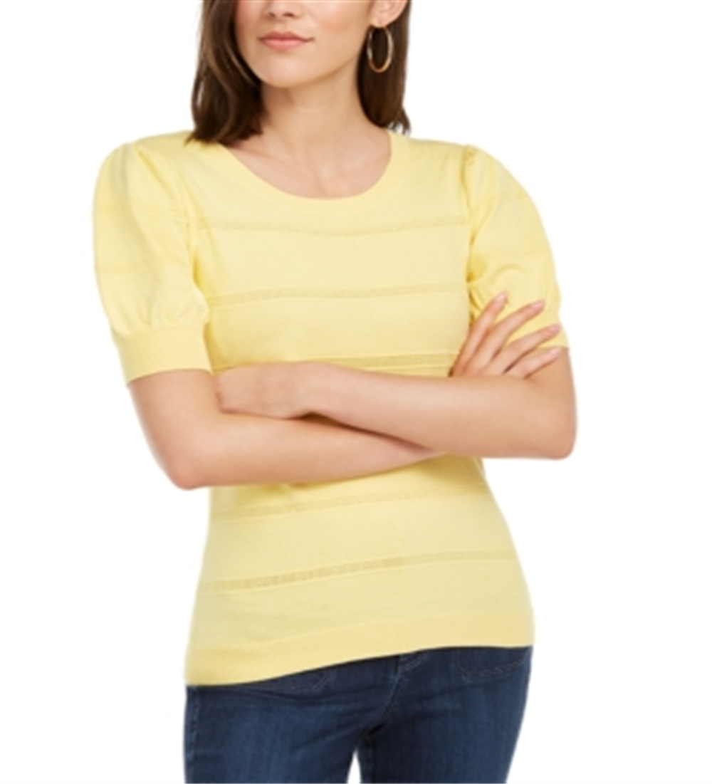 Maison Jules Women's Pointelle Puff Sleeves Sweater Yellow  Size L