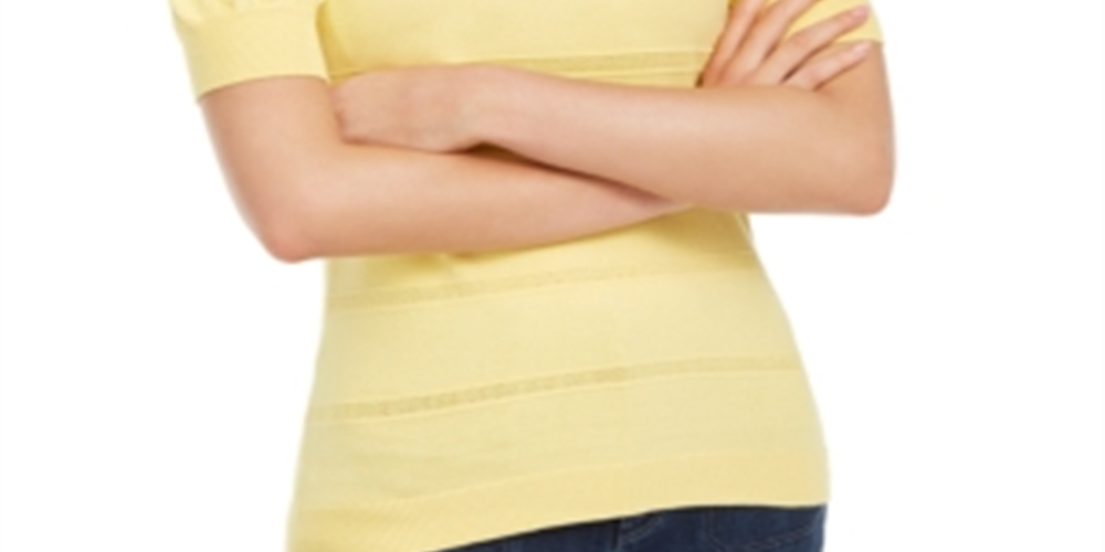 Maison Jules Women's Pointelle Puff Sleeves Sweater Yellow  Size L