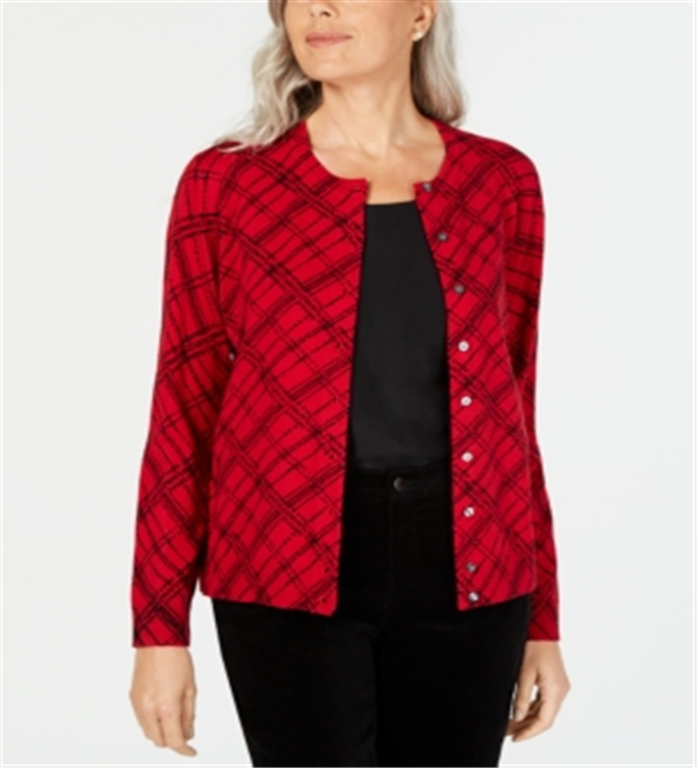 Karen Scott Women's Plaid Print Cardigan Red Size X-Small