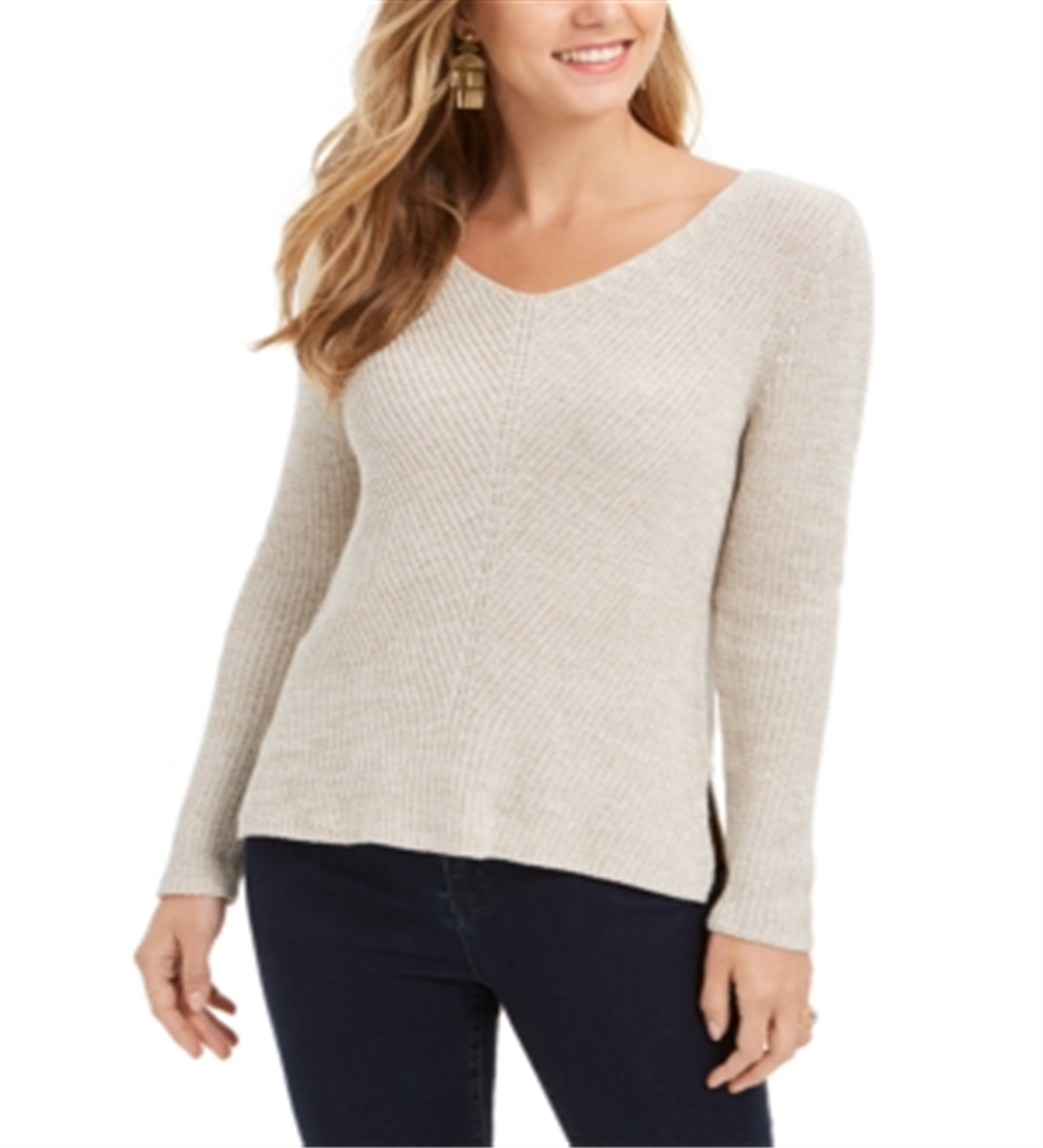 Style & Co Women's Ribbed V Neck Cotton Sweater Brown Size Large