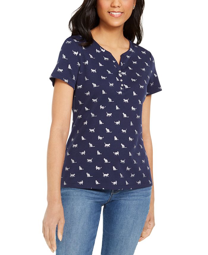 Karen Scott Women's Kitty Glitz Printed Henley Top Blue Size Medium