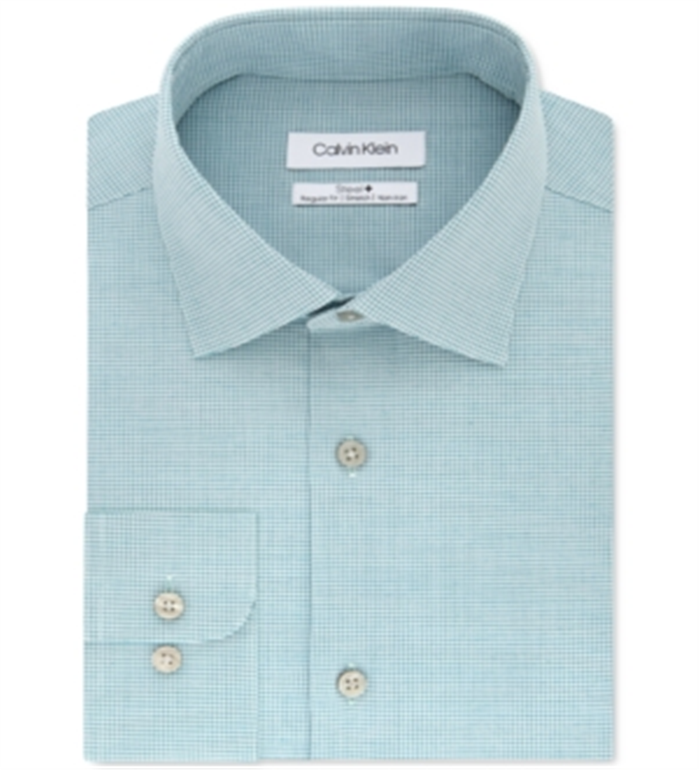 Calvin Klein Men's Steel  Stretch Check Dress Shirt Green Size 18.5x36-37-XL