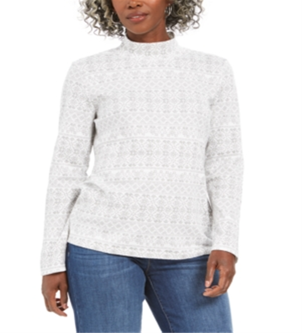 Karen Scott Women's Fair Isle Printed Mock Neck Top White Size Petite Small
