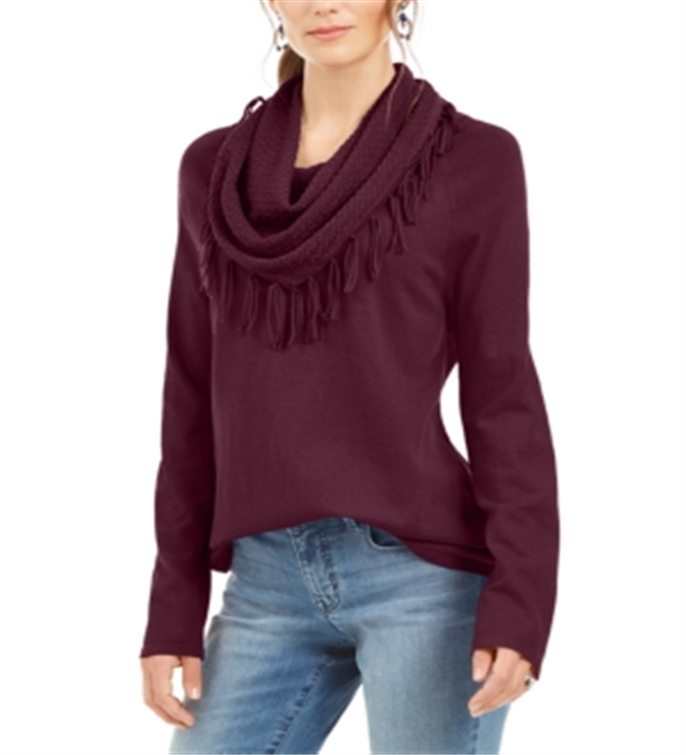 Style & Co Women's Fringe Trim Cowlneck Sweater Wine Size X-Small