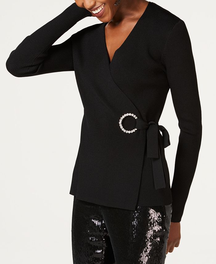 INC International Concepts Women's Embellished Grommet Wrap Knit Stretch Sweater Black Size X-Large
