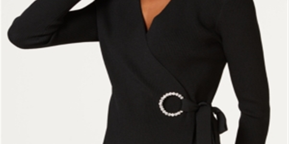 INC International Concepts Women's Embellished Grommet Wrap Knit Stretch Sweater Black Size X-Large