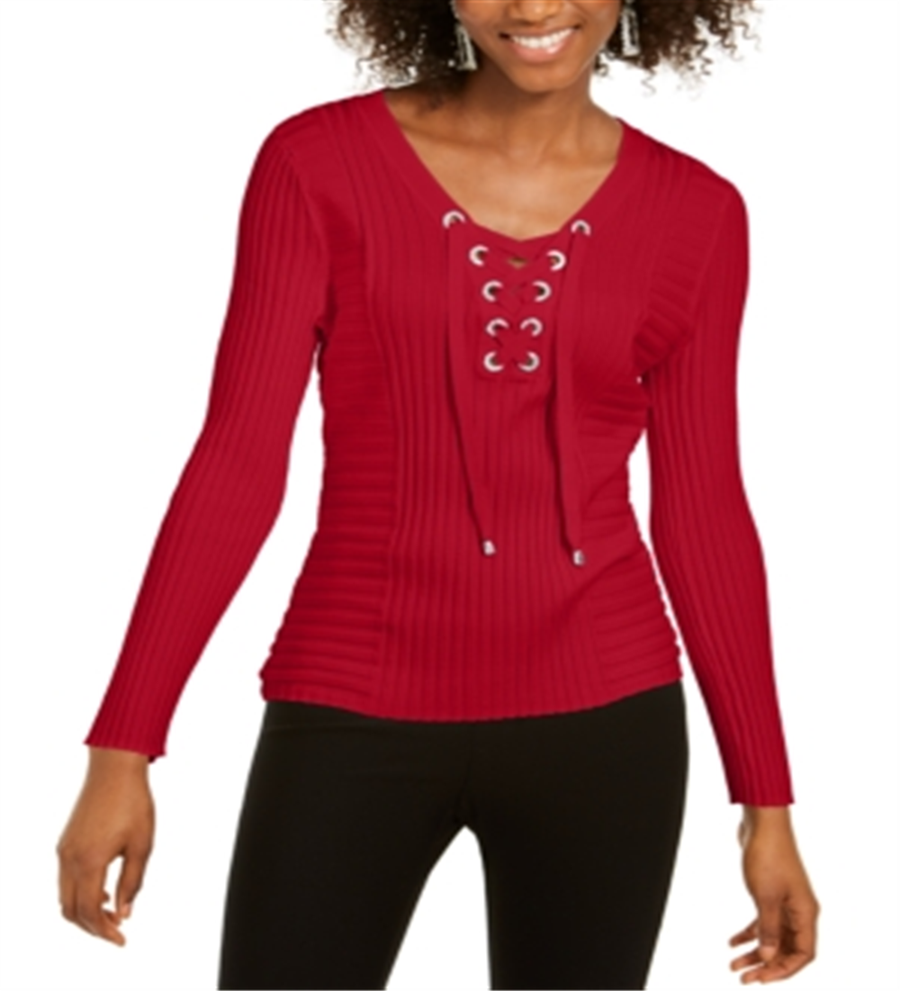 INC International Concepts Women's Lace up Ribbed Knit Sweater Red Size Petite