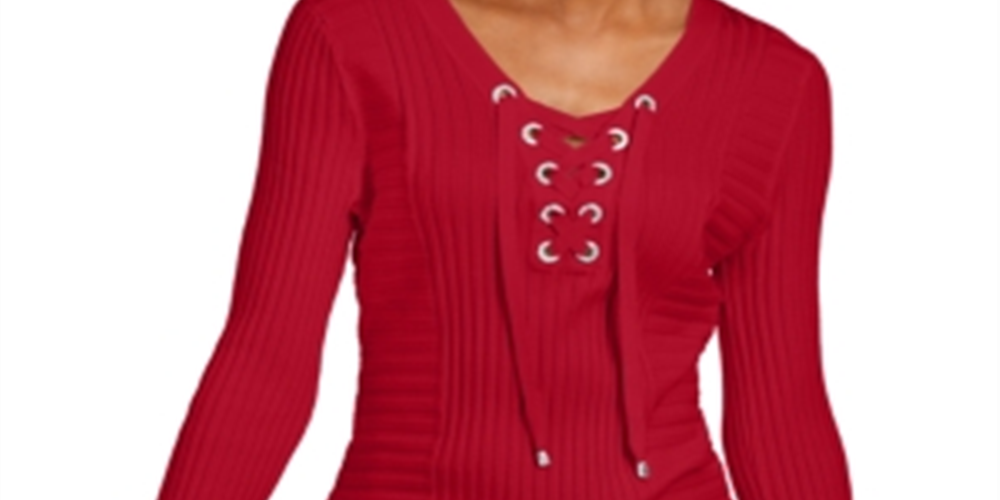 INC International Concepts Women's Lace up Ribbed Knit Sweater Red Size Petite