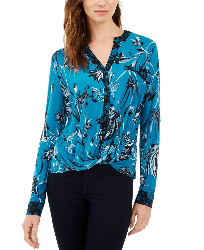 INC International Concepts Women's Printed Twist Top Blue Size Petite L