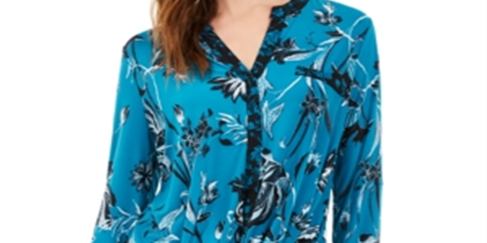 INC International Concepts Women's Printed Twist Top Blue Size Petite L