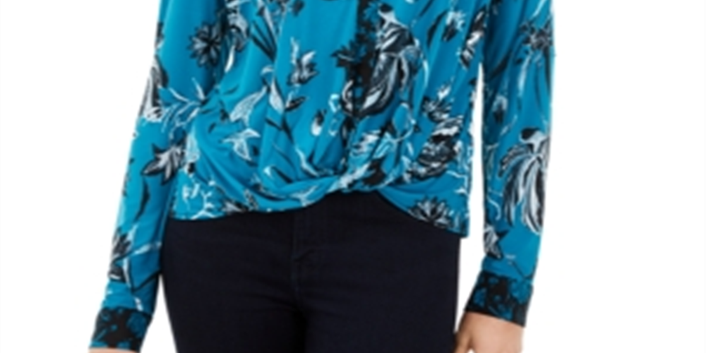INC International Concepts Women's Printed Twist Top Blue Size Petite L