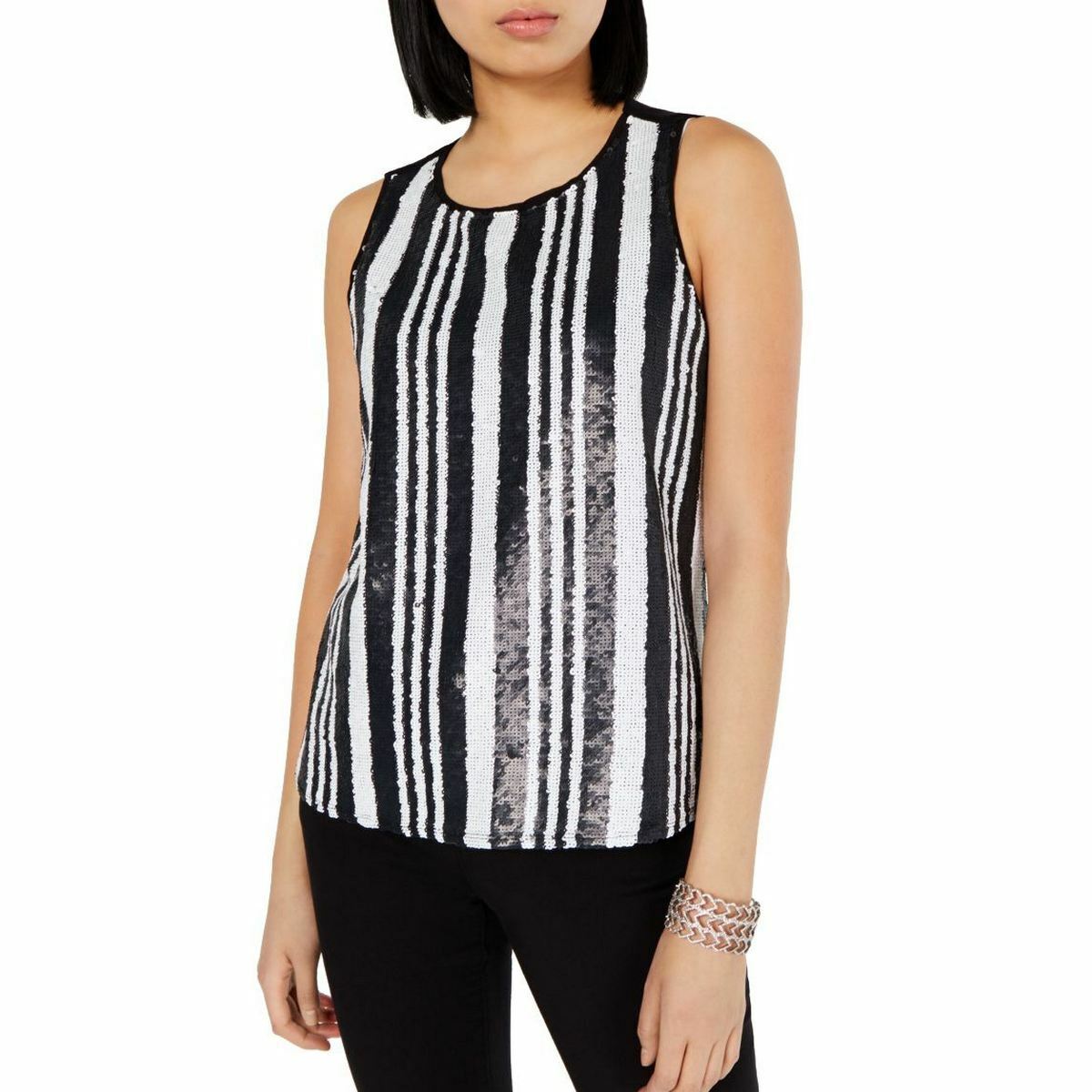 INC Womens Sequined Striped Tank Top Black Size L