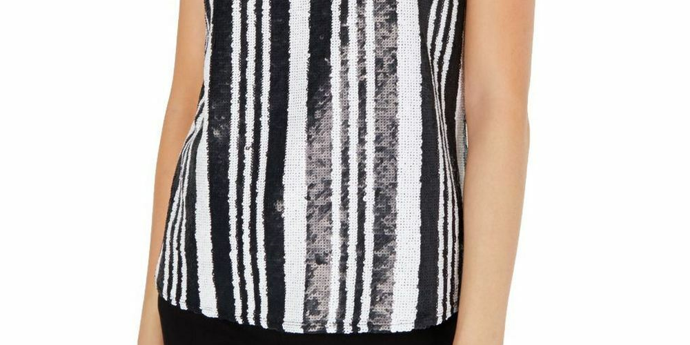 INC Womens Sequined Striped Tank Top Black Size L