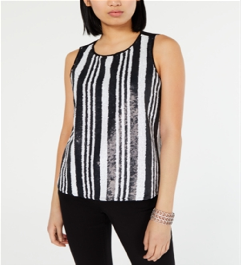 INC Womens Sequined Striped Tank Top Black Size L