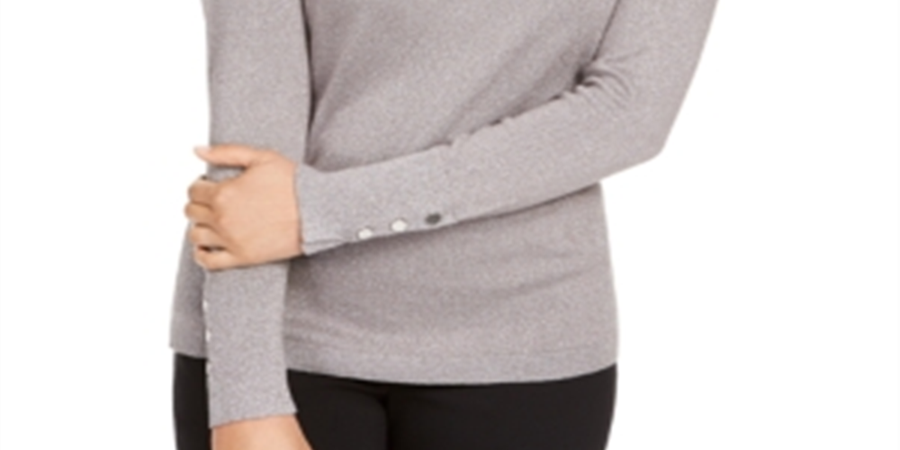 JM Collection Women's Metallic Turtleneck Stud Cuff Sweater Silver Size XX-Large