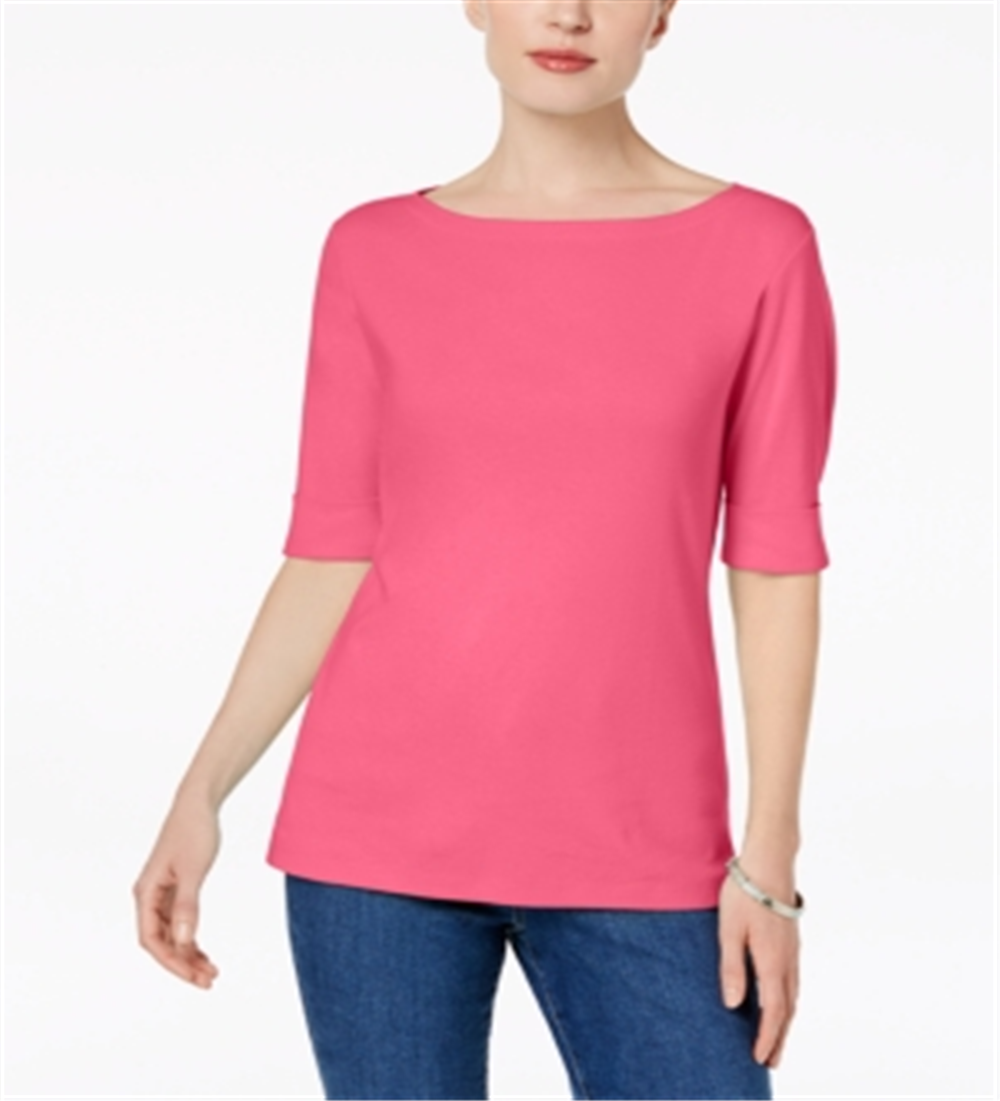 Karen Scott Women's Cuffed Sleeve Boat Neck T-Shirt Pink Size Petite X-Large
