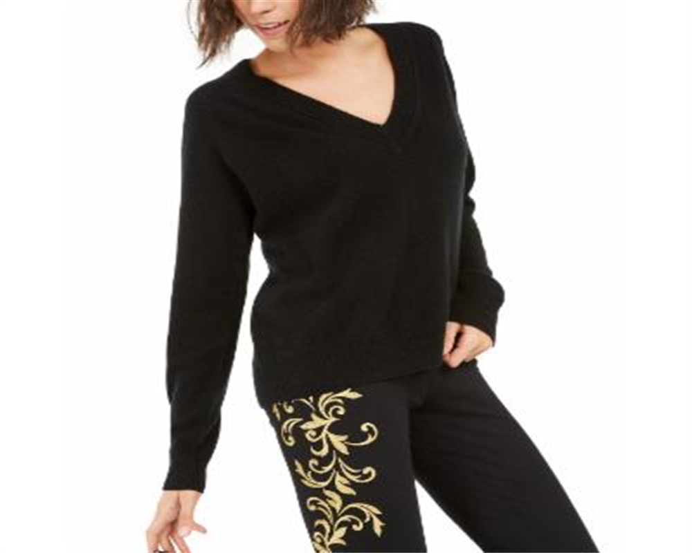 Inc International Concepts Women's Cashmere V-Neck Sweater Deep Black Size XL