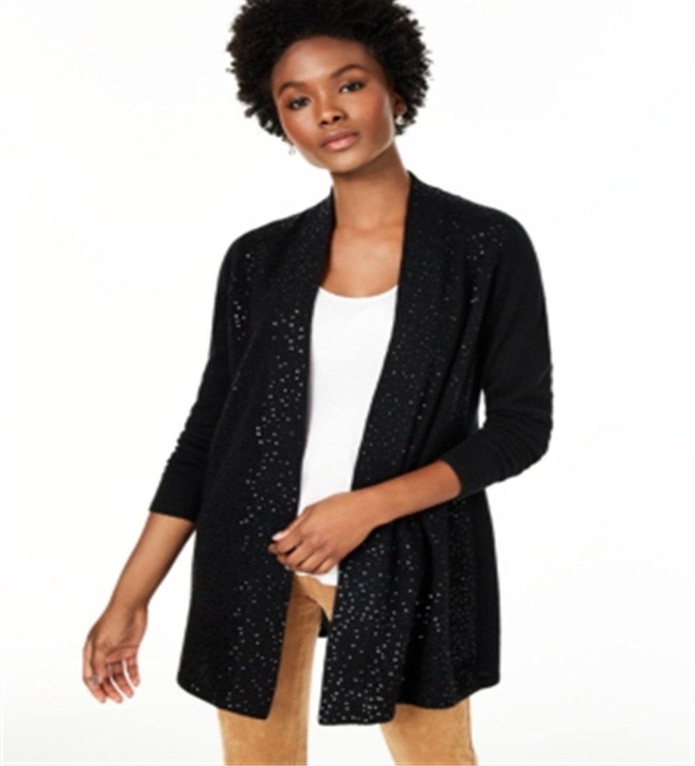 Charter Club Women's Cashmere Sequin Trim Completer Sweater Black Size Petite Medium