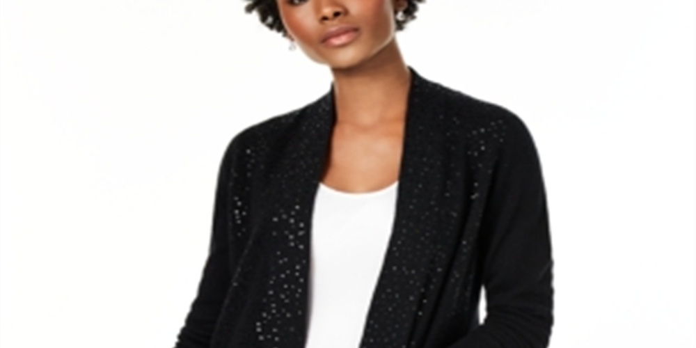 Charter Club Women's Cashmere Sequin Trim Completer Sweater Black Size Petite Medium