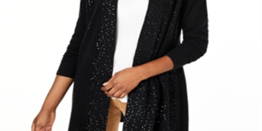 Charter Club Women's Cashmere Sequin Trim Completer Sweater Black Size Petite Medium