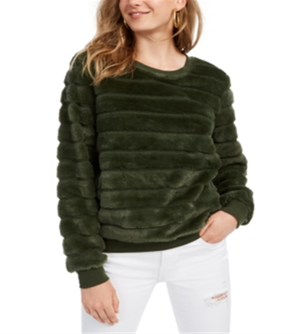 Crave Fame Junior's Faux Fur Sweatshirt Green Size M
