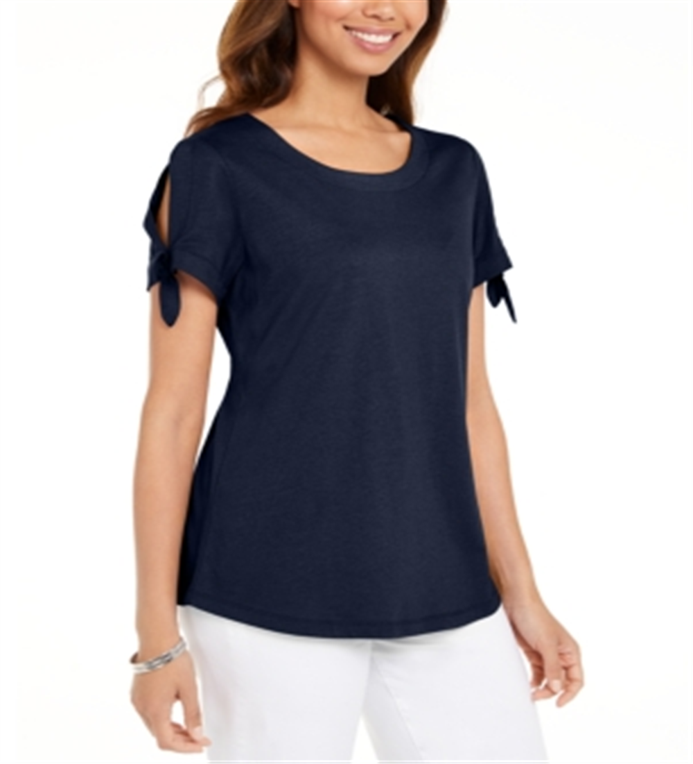Karen Scott Women's Tie Sleeve T-Shirt Blue Size X-Small