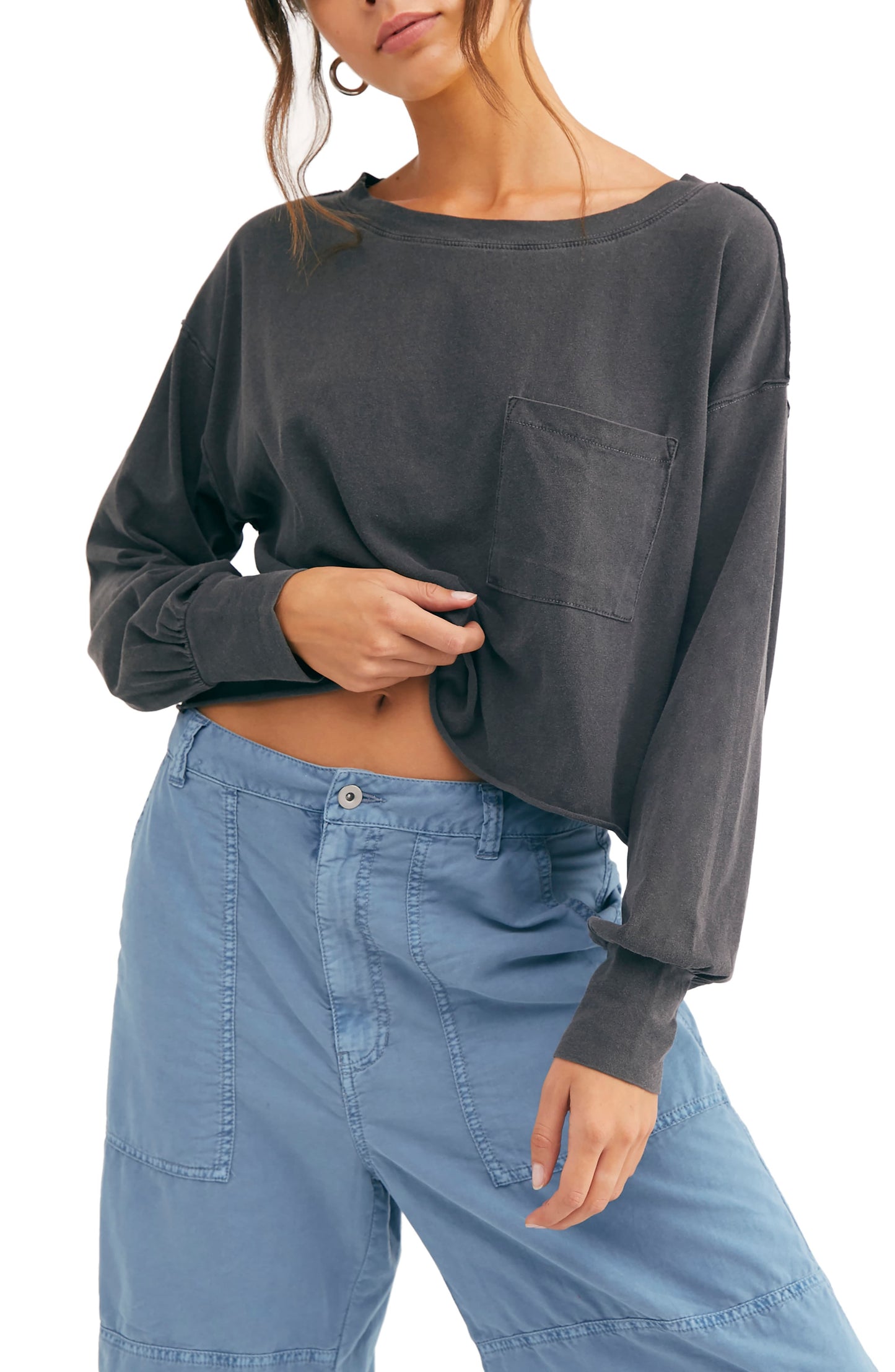 Free People Women's Austin Cropped Long Sleeves T-Shirt Black Size Large