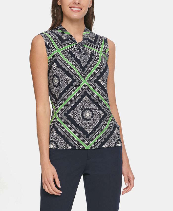Tommy Hilfiger Women's Printed Knot Neck Top Navy Size L