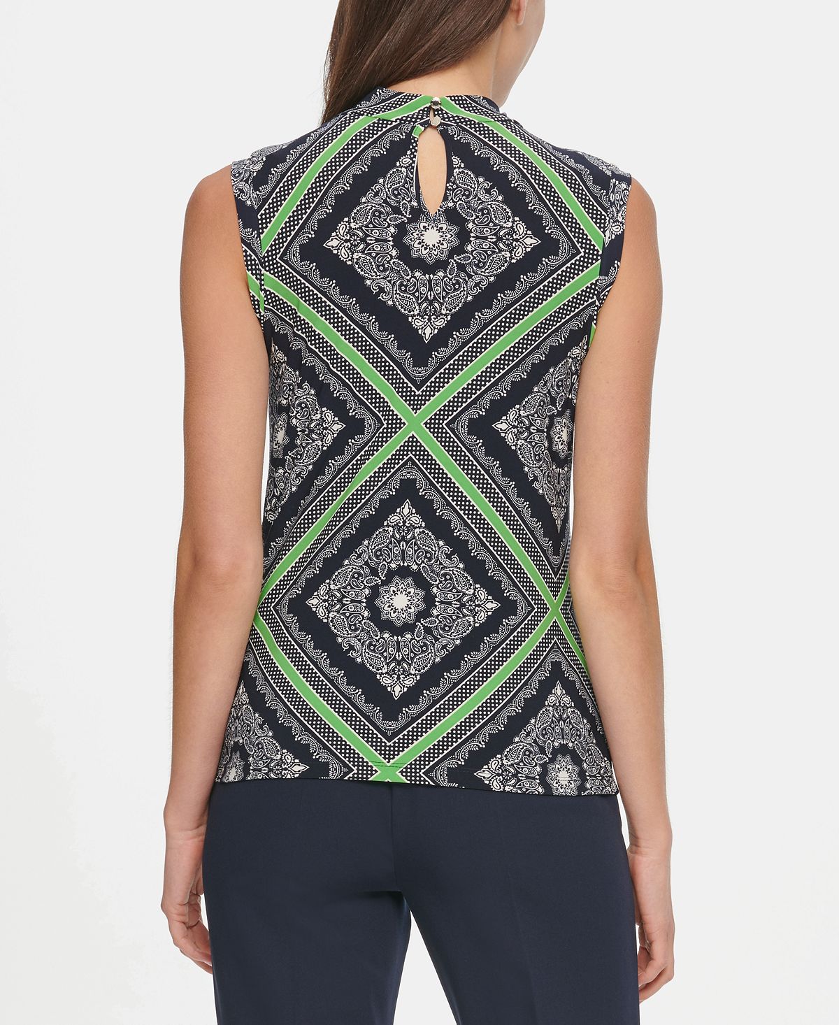 Tommy Hilfiger Women's Printed Knot Neck Top Navy Size L