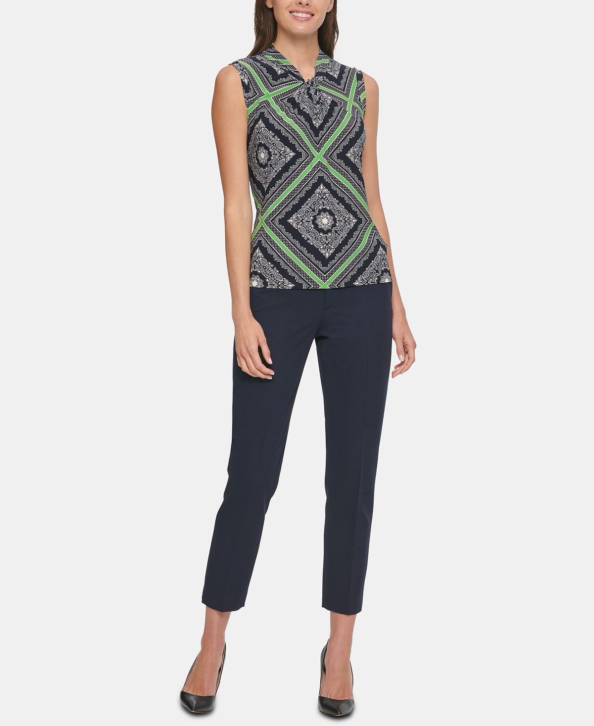 Tommy Hilfiger Women's Printed Knot Neck Top Navy Size L