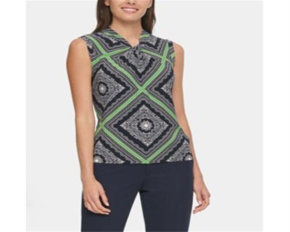 Tommy Hilfiger Women's Printed Knot Neck Top Navy Size L