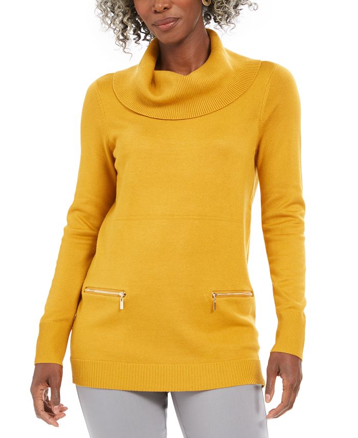 JM Collection Women's Zip Pocket Cowlneck Sweater Yellow Size Petite Extra Large