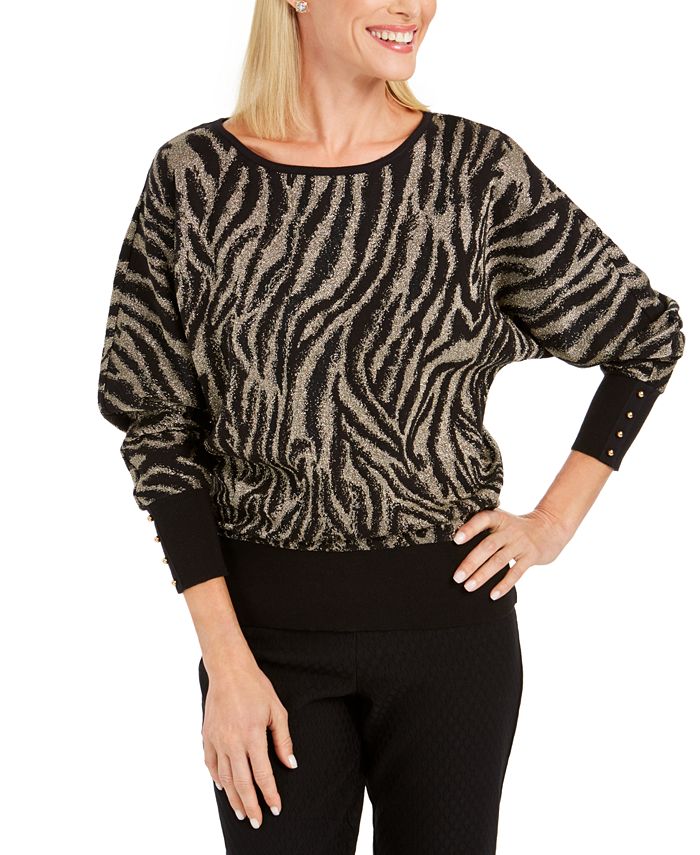 JM Collection Women's Jacquard Zebra Print Sweater Black Size S