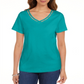 Karen Scott Women's Cotton Open Trim V Neck T-Shirt Green Size Small