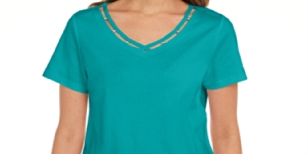 Karen Scott Women's Cotton Open Trim V Neck T-Shirt Green Size Small