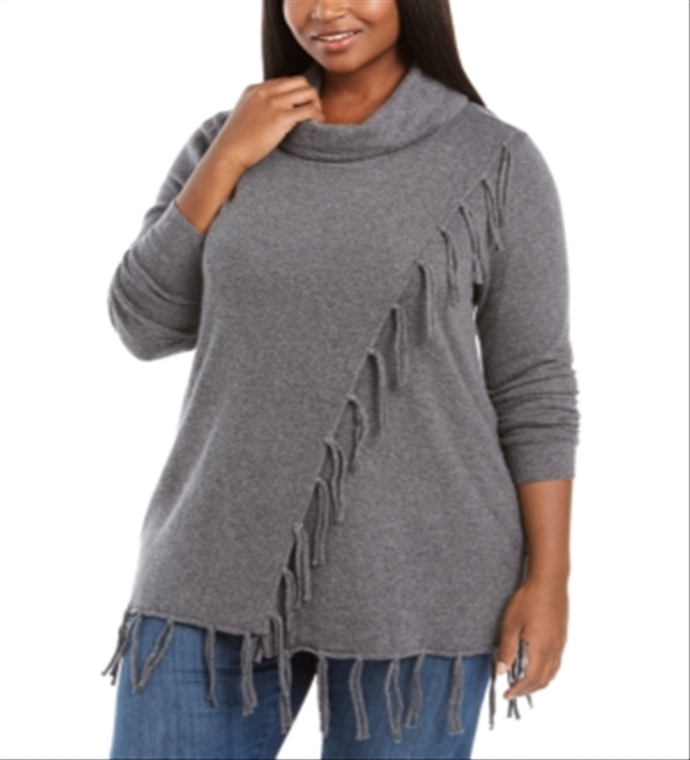 Belldini Women's Cowlneck Fringe Sweater Gray Size 2X