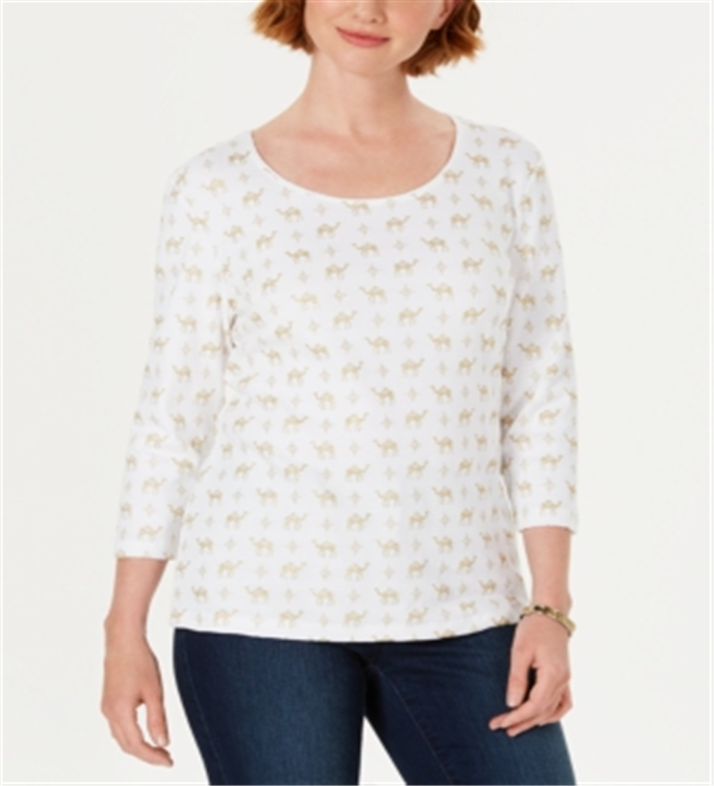 Karen Scott Women's Shimmer Camel-Print Top  White Size XS