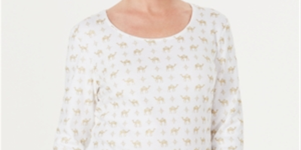 Karen Scott Women's Shimmer Camel-Print Top  White Size XS