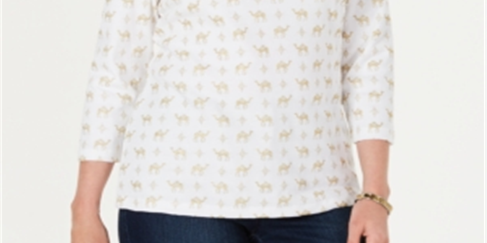 Karen Scott Women's Shimmer Camel-Print Top  White Size XS
