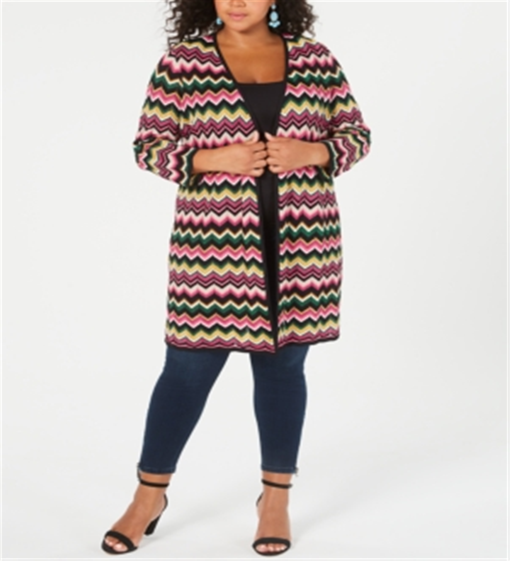 Inc International Concepts Women's Plus Size Metallic Chevron Open-Front Cardigan Pink Size 2X