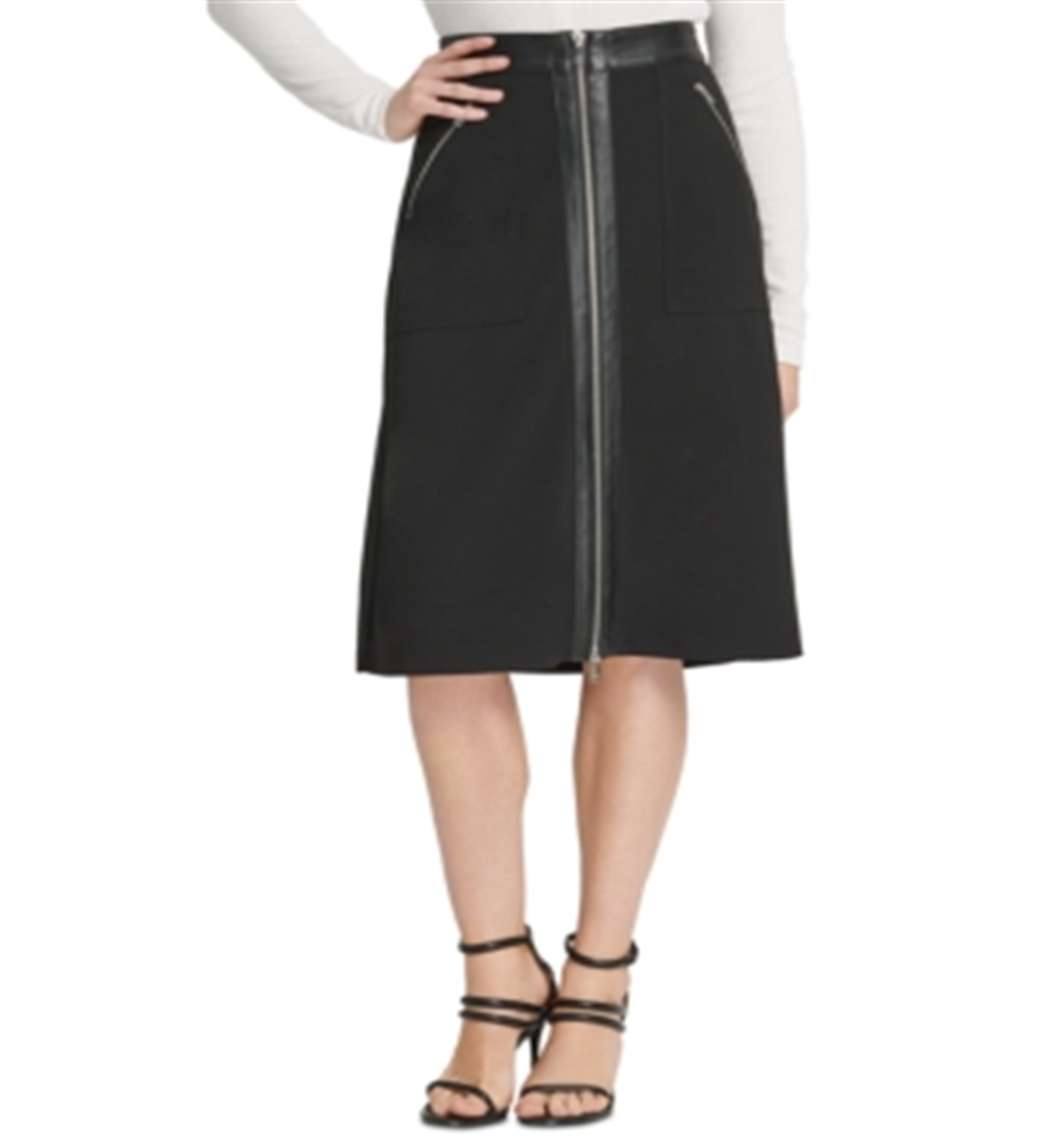 DKNY Women's Skirt Faux Leather Trim MIDI Black Size 2
