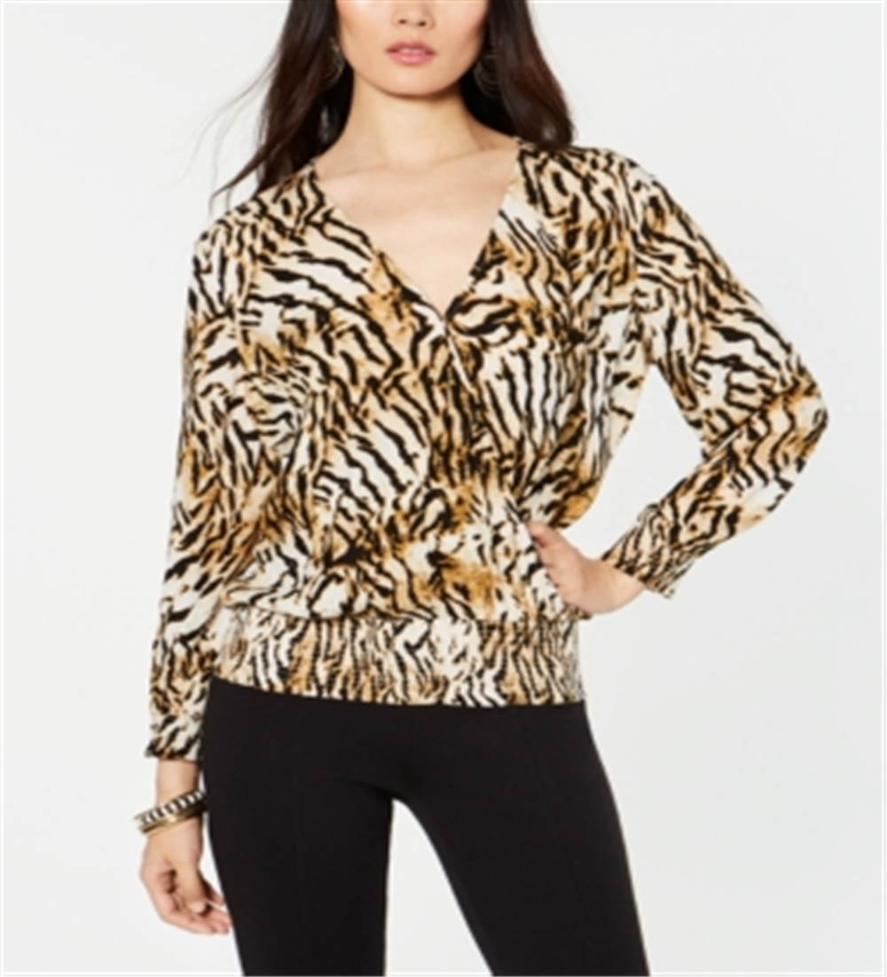 INC International Concepts Women's Animal Print Long Sleeve V Neck Top Brown Size Small