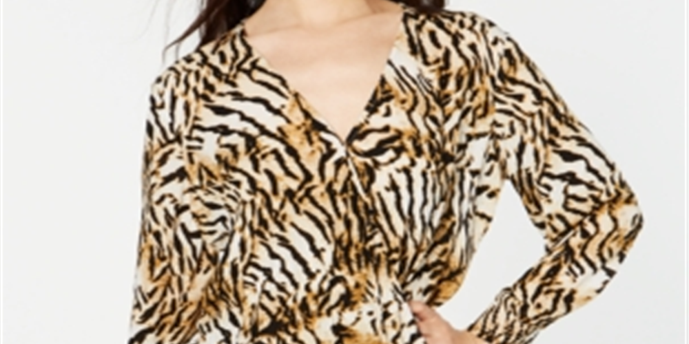 INC International Concepts Women's Animal Print Long Sleeve V Neck Top Brown Size Small