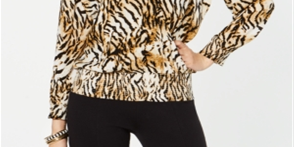 INC International Concepts Women's Animal Print Long Sleeve V Neck Top Brown Size Small