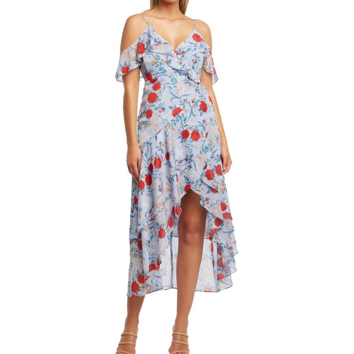 Bardot Women's Cold Shoulder Floral Short Sleeve V Neck Tea Length Hi Lo Dress Blue Size X-Small