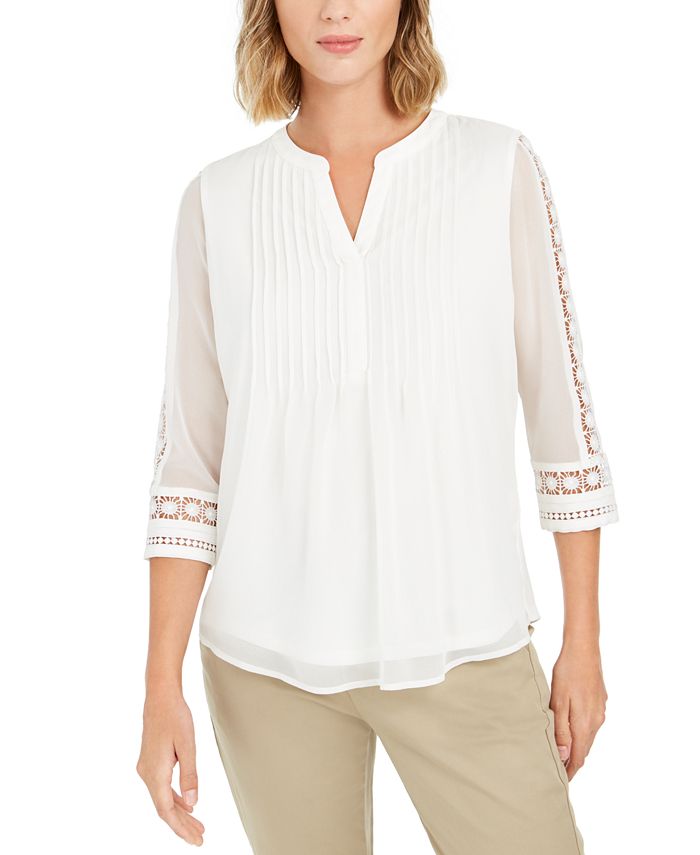 Charter Club Women's Sheer Sleeve Pintuck Top White Size Petite S