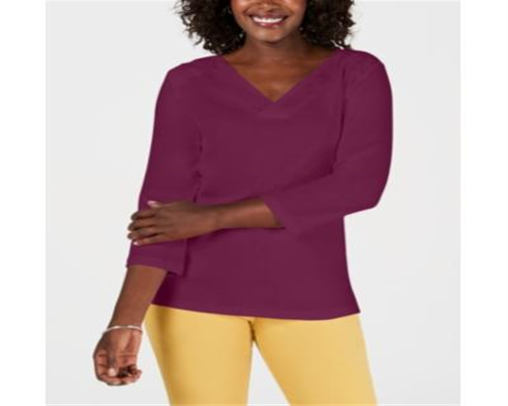 Karen Scott Women's Eyelet V Neck Cotton Top Purple Size Petite L