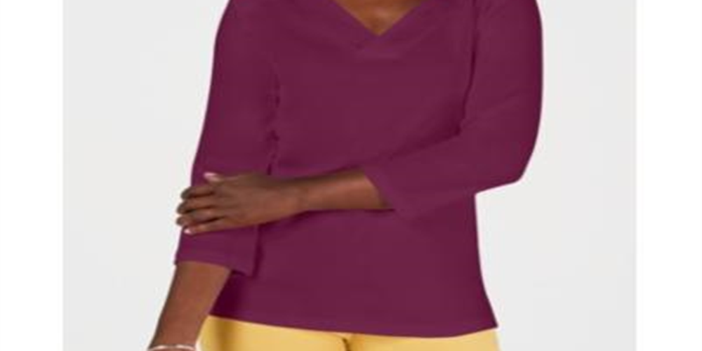 Karen Scott Women's Eyelet V Neck Cotton Top Purple Size Petite L