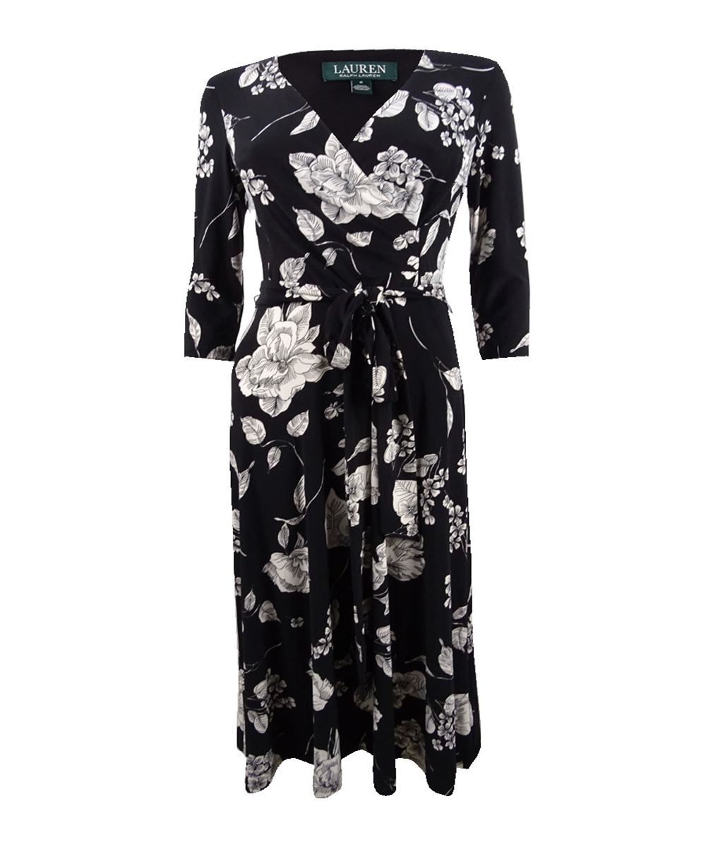Ralph Lauren Women's Casual Floral Surplice Fit & Flare MIDI Dress Black Size 2