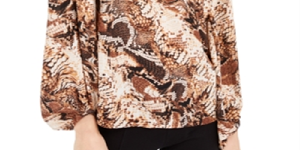 INC Women's Snake Print Tie Neck Peasant Top Brown Size Large